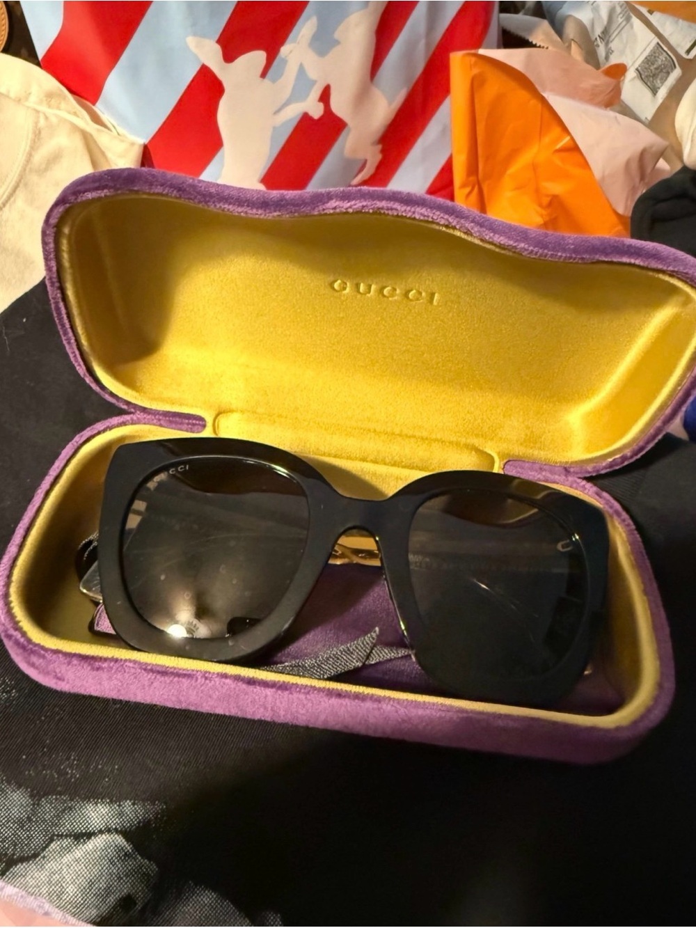 Gucci Black Oversized Square Sunglasses with Yellow Velvet Case